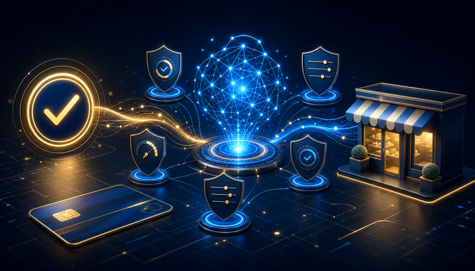 An AI network guiding a tokenized payment through spending controls, approval checkpoints, and a merchant checkout.