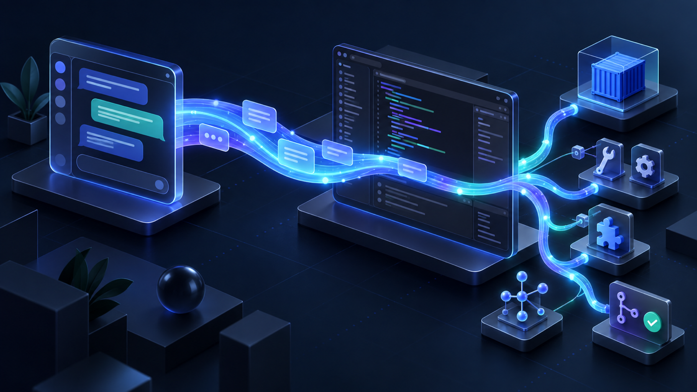 A continuous illuminated conversation thread moves from a chat workspace into a code editor, container, tools, and pull-request checkpoint.