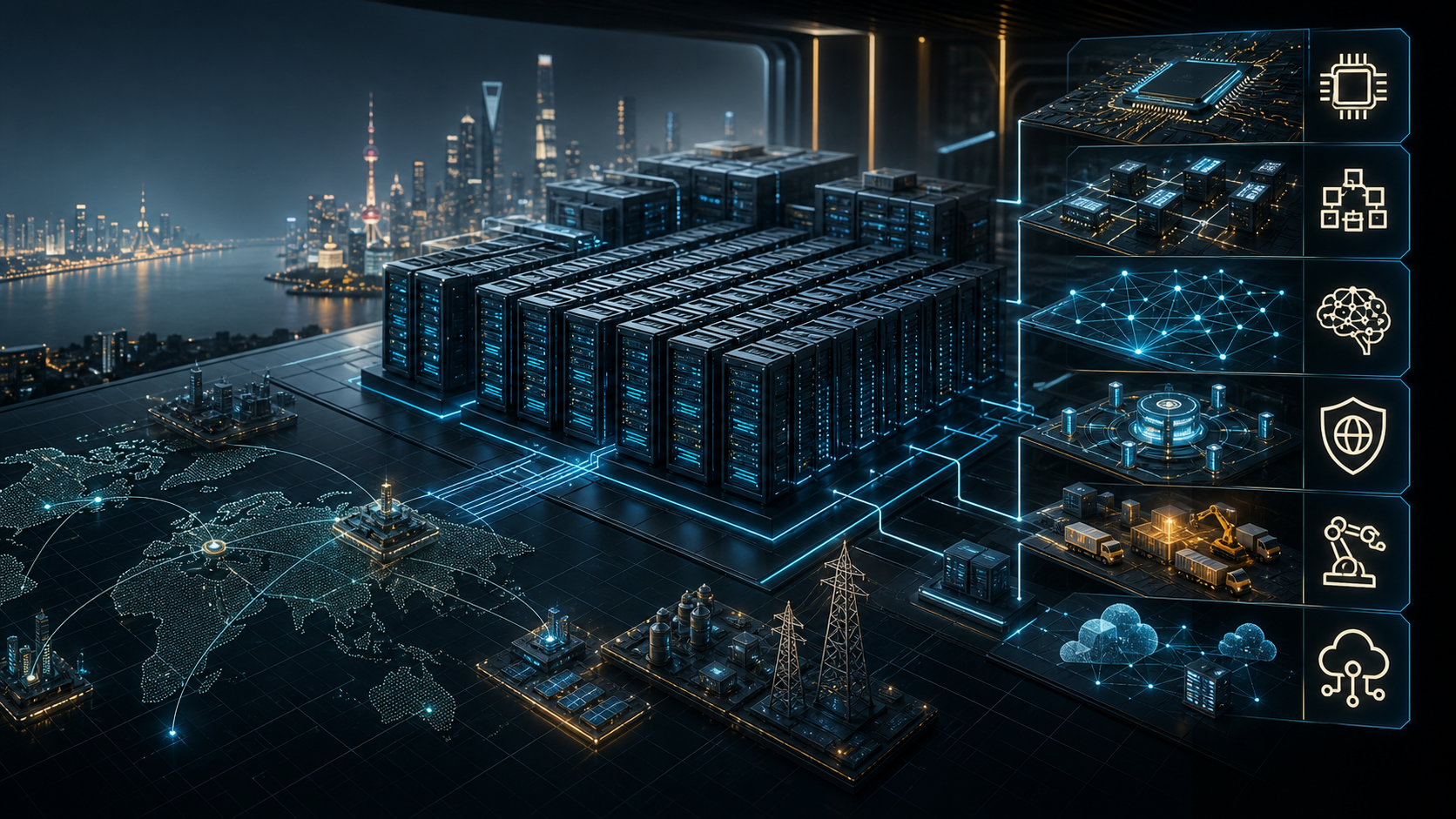 A large AI compute supercluster connected to chips, data-center racks, cloud infrastructure, supply-chain systems, and governance layers.