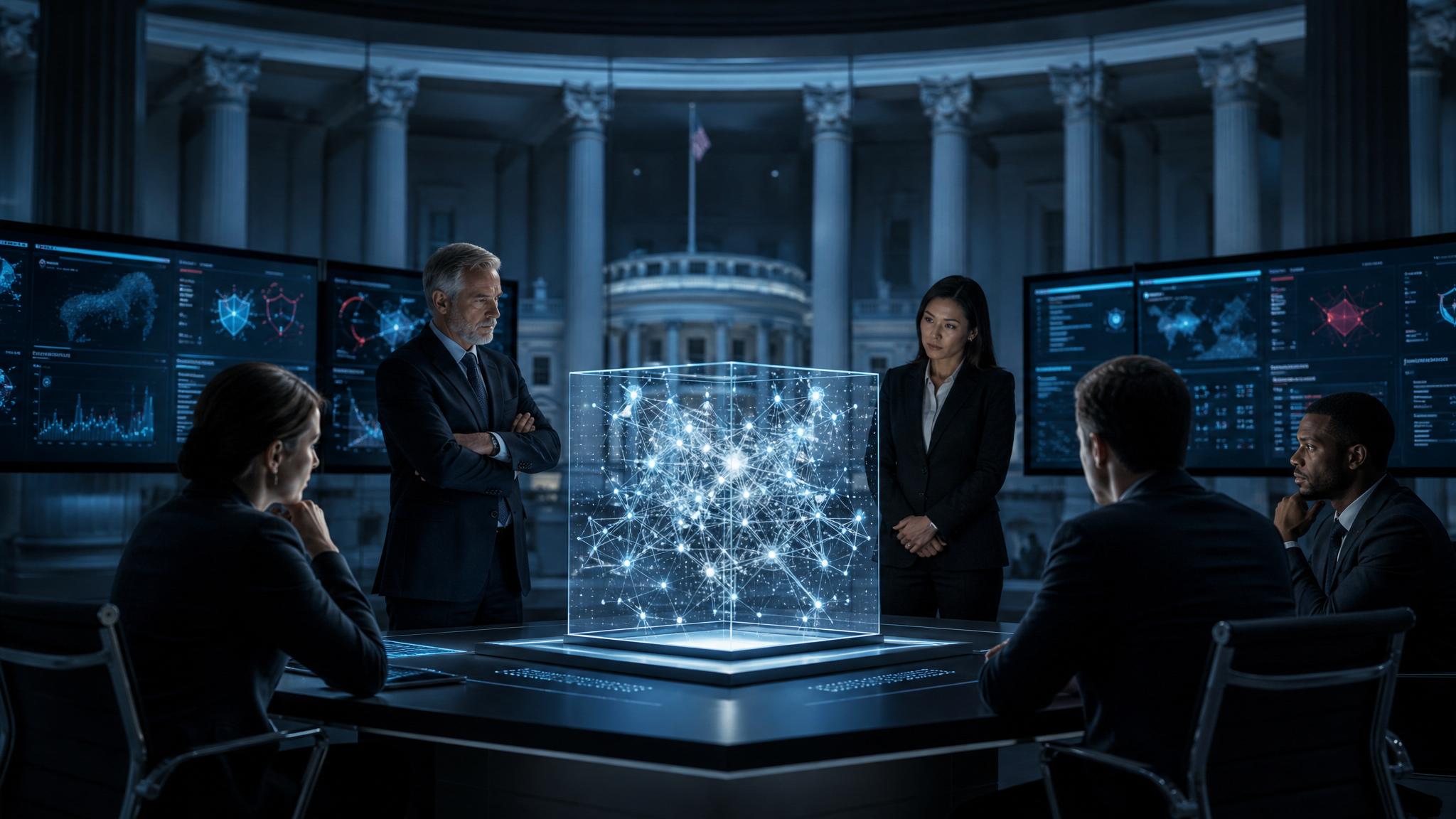 A secure government review room with a glowing frontier AI model cube and evaluation dashboards.
