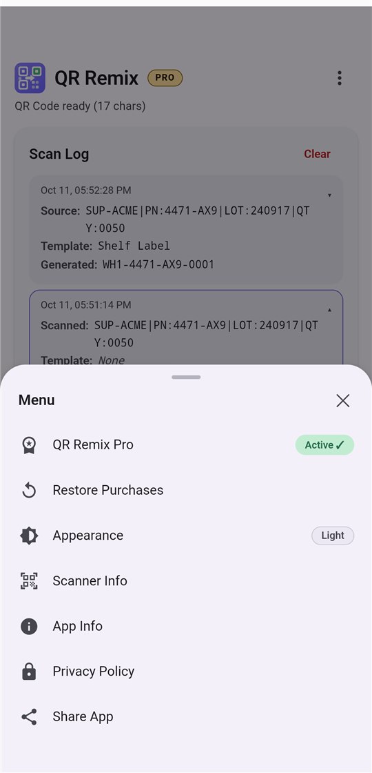 QR Remix menu listing QR Remix Pro, Restore Purchases, Appearance, Scanner Info, App Info, Privacy Policy, and Share App.