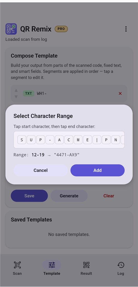Select Character Range dialog in QR Remix with positions 12 to 19 selected, showing the text 4471-AX9.