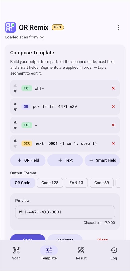 Compose Template screen in QR Remix listing text, QR field, and serial segments with a preview of the combined output.