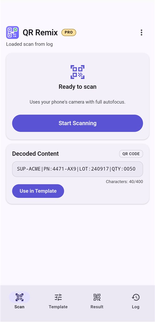 QR Remix Scan tab showing the decoded content of a scanned QR code and the Use in Template button.