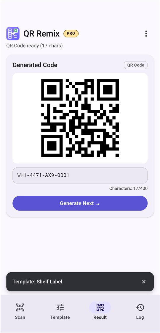 QR Remix Result tab showing a generated QR code, its text WH1-4471-AX9-0001, and the Generate Next button.