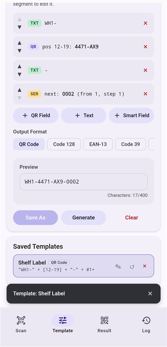 Saved Templates list in QR Remix with the Shelf Label template highlighted as active.