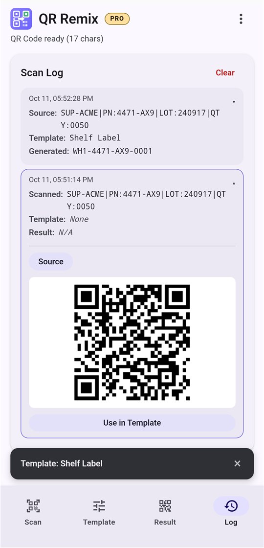QR Remix Scan Log with a generated entry and an opened scanned entry showing its source QR code and the Use in Template button.