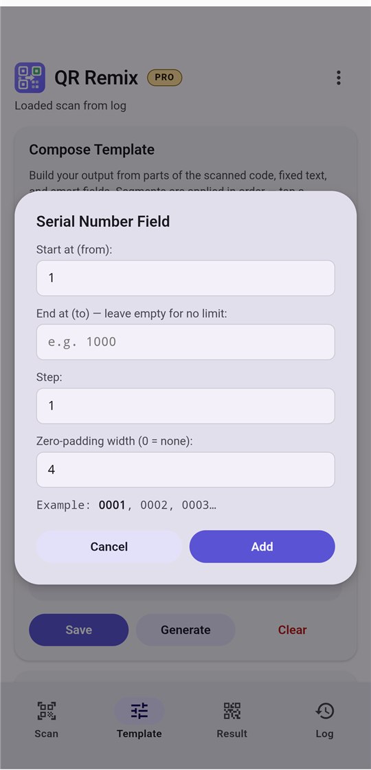 Serial Number Field dialog in QR Remix with start, end, step, and zero-padding settings and an example of the resulting numbers.